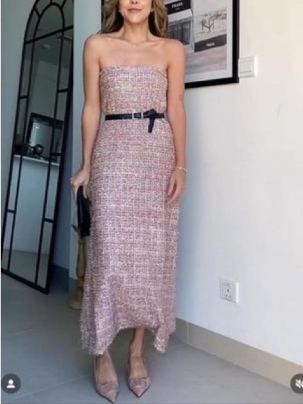 Zara Tweed Metallic Thread Plaid Structured Knit Strapless Midi Dress